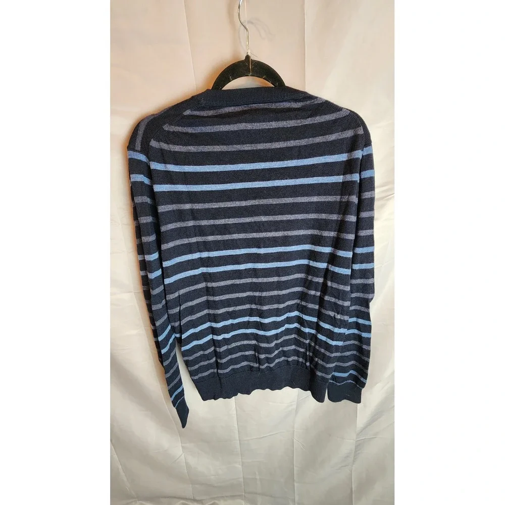 Banana Republic Mens Large Merino Wool Striped V-Neck Sweater Navy Blue Preppy